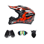 Motorcycle helmet with racing design, gloves, goggles, and face mask on a white background